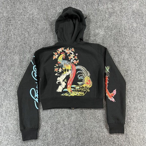 Ed Hardy Hoodie Womens Medium Black Cropped Floral Phoenix Tattoo Full Zip - Picture 3 of 15